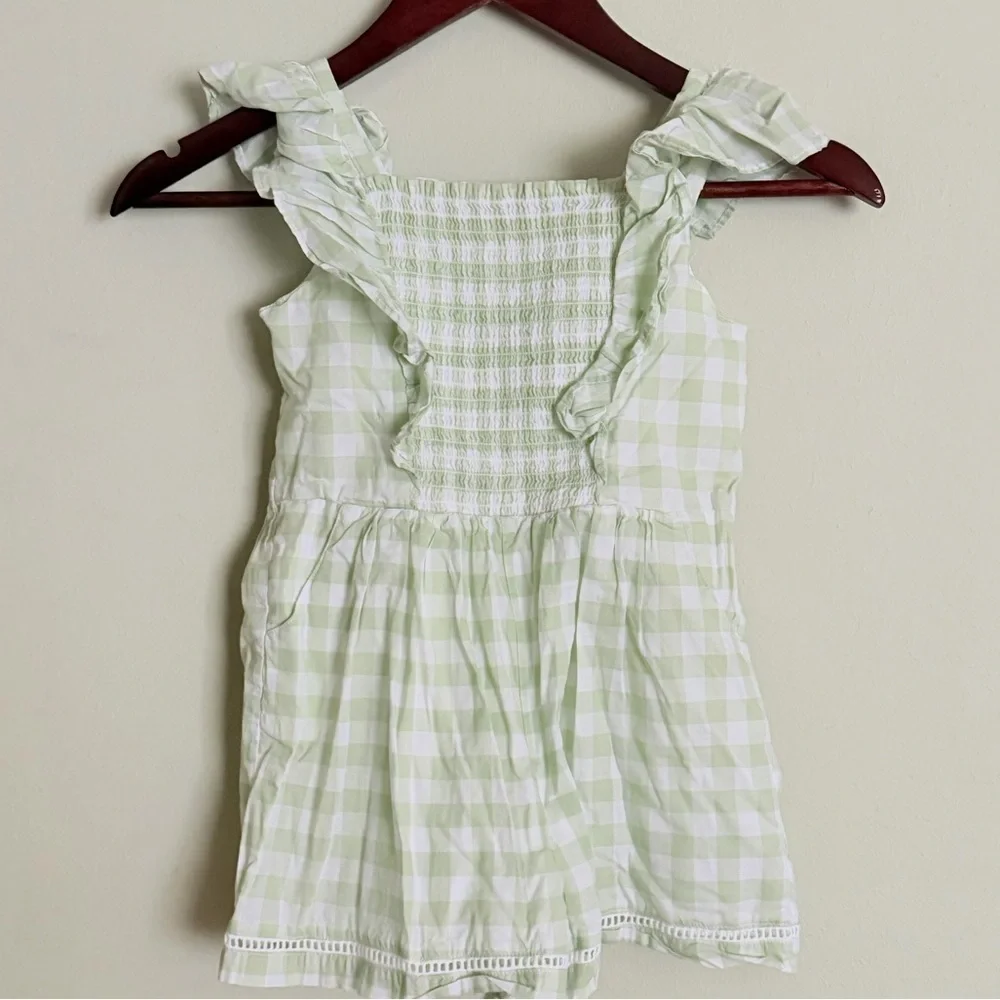 Janie and Jack | Green Gingham Smocked Romper with Ruffle Straps & Pockets | 5